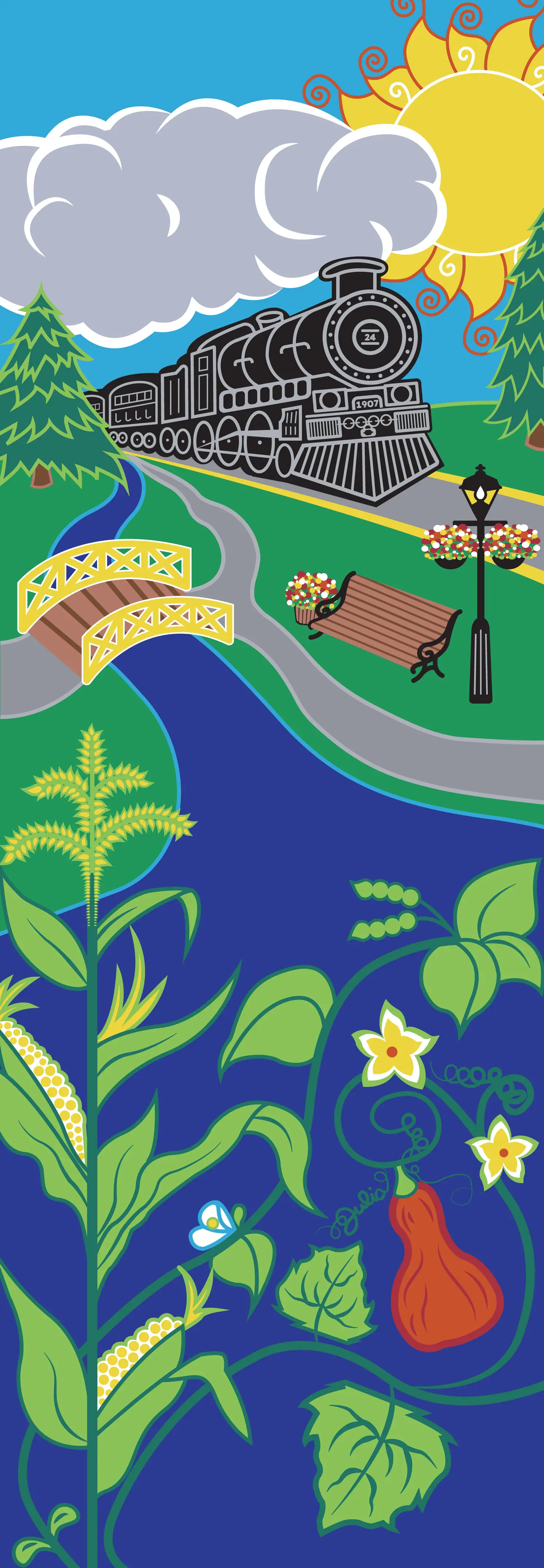 banner image featuring a steam engine, vegetables, walking paths, etc.